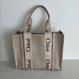 Chloé Woody Tote Bag in Linen in Cement Pink - Medium 🩷
